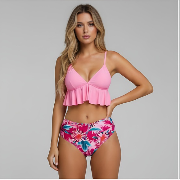 Pink Floral Ruffle Hem Ruched 2pc Bikini Swimsuit Bathing Suit - Picture 3 of 8